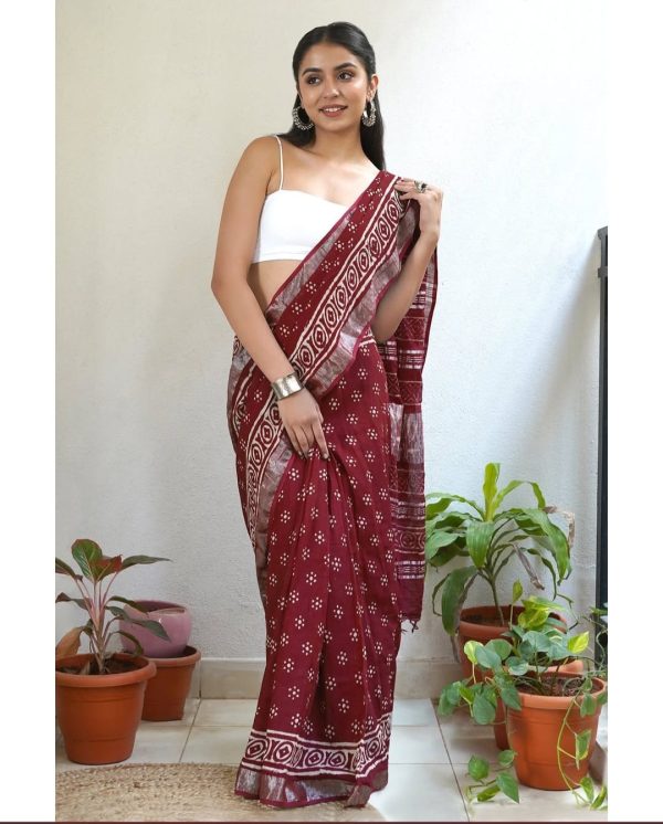 Handblock printed Linen cotton Saree's with Blouse