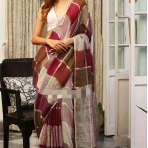 colorful checks work linen saree with blouse pis