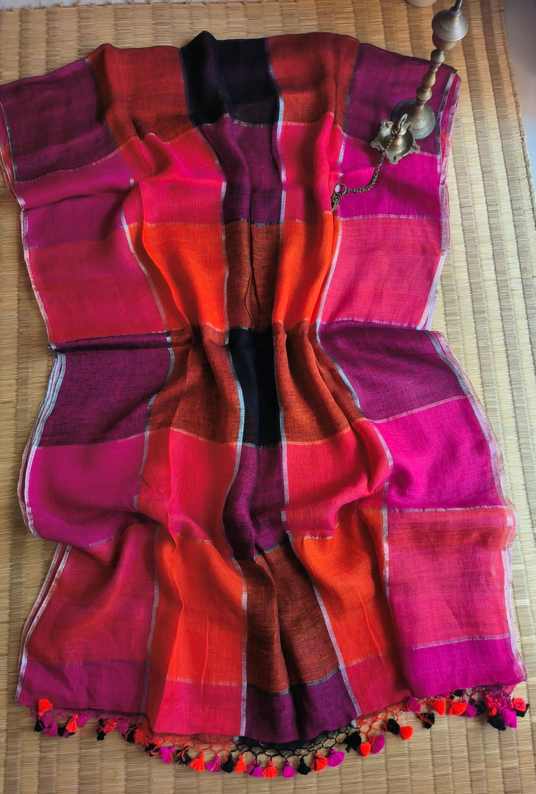 colorful checks work linen saree with blouse pis