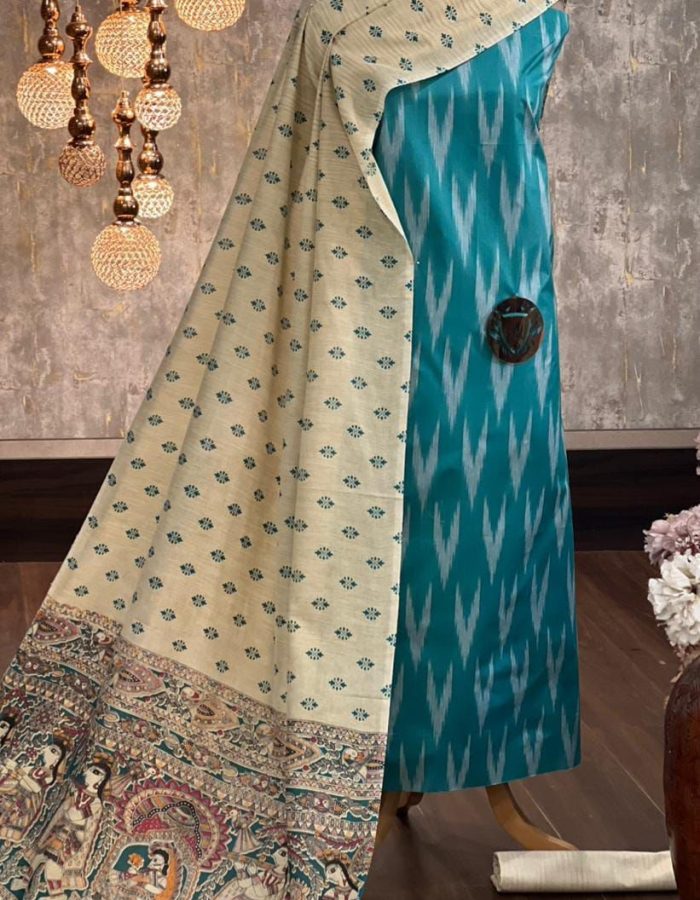 Cotton Ikkat Unstitched Dress Material with Madhubani Print Duppatta