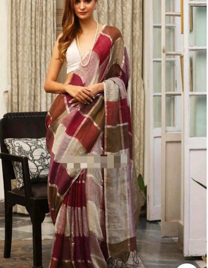 Colorful checks work linen saree  With blouse pis