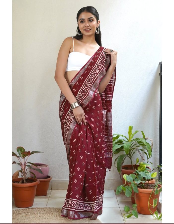 Handblock  printed Linen  cotton Saree’s with Blouse